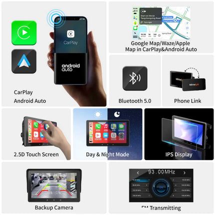 Tragbares Navigationssystem mit CarPlay und Android Auto | 7 Zoll | Bluetooth | FM-Transmitter | AUX